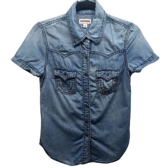True Religion Y2K Button Front Chambray Western Rodeo Top Size XS - Picture 2 of 10